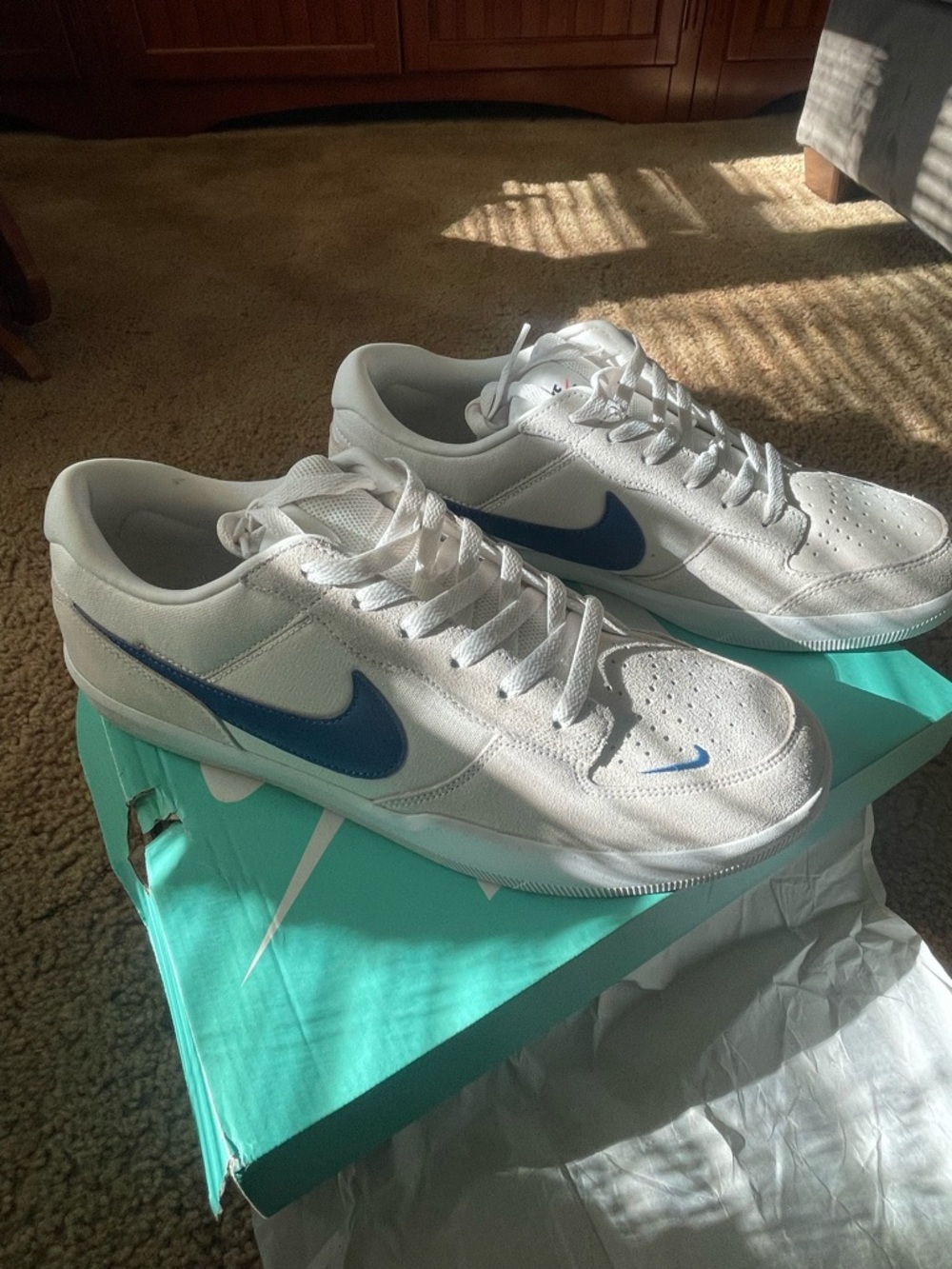 Nike SB force 58. Men’s White Sneakers with Blue Swoosh
